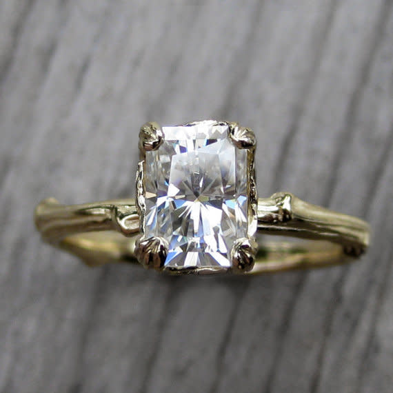 Moissanite and recycled 14k gold, $1,575.  