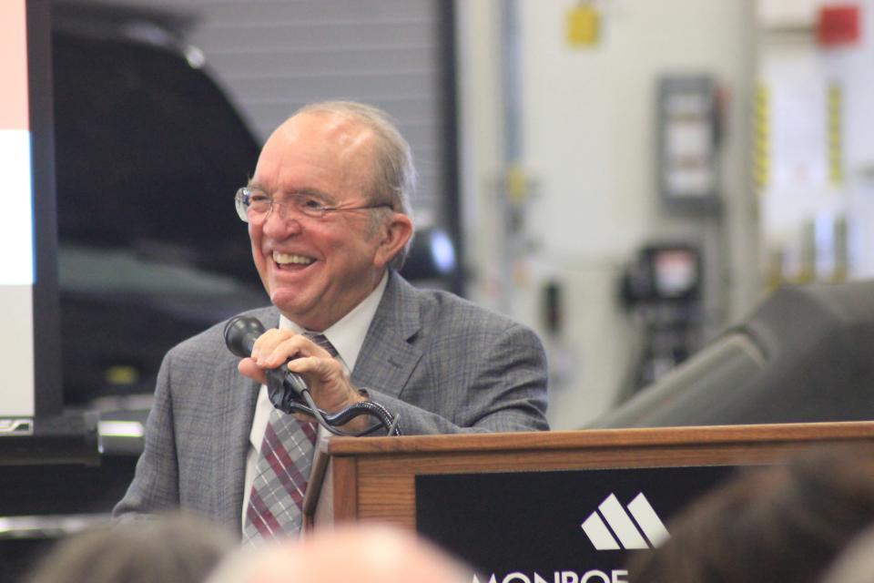 American motorsports icon and automotive entrepreneur Jack Roush smiles as he speaks to a crowd at Monroe County Community College. Roush, who taught at MCCC about five decades ago, returned to talk about his time at the college and share stories from his life.