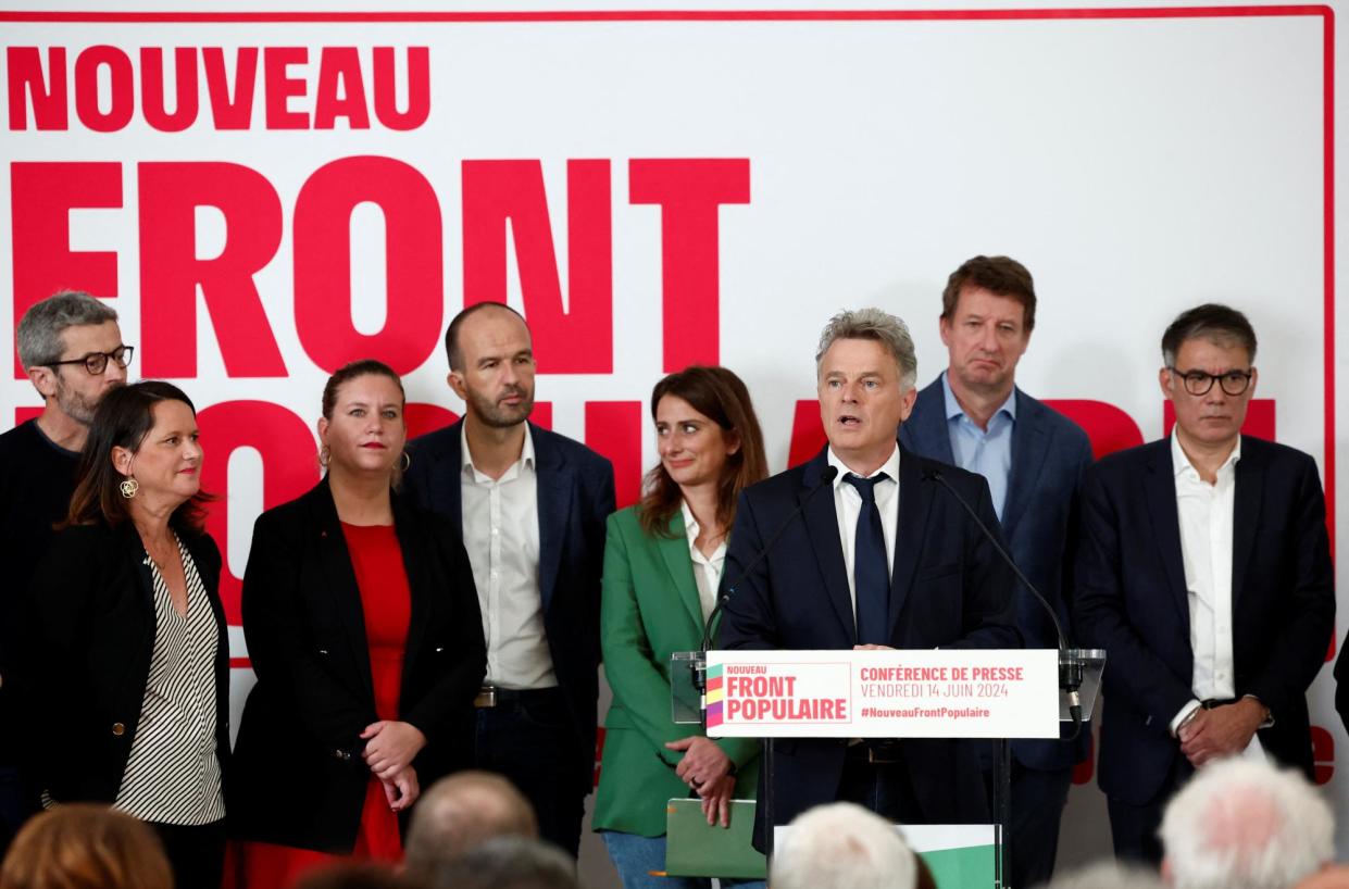 <span>Fabien Roussel, national secretary of the Communist party, addresses a news conference by the Nouveau Front Populaire to announce the alliance of left-wing parties.</span><span>Photograph: Stéphane Mahé/Reuters</span>