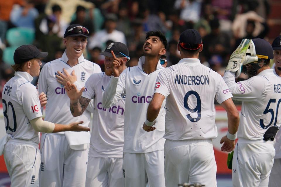 Shoaib Bashir celebrates the wicket of India’s captain Rohit Sharma (AP)