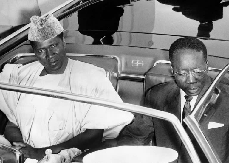 Ahmed Sekou Toure (left) with Senegal's poet-president Leopold Sedar Senghor in 1963