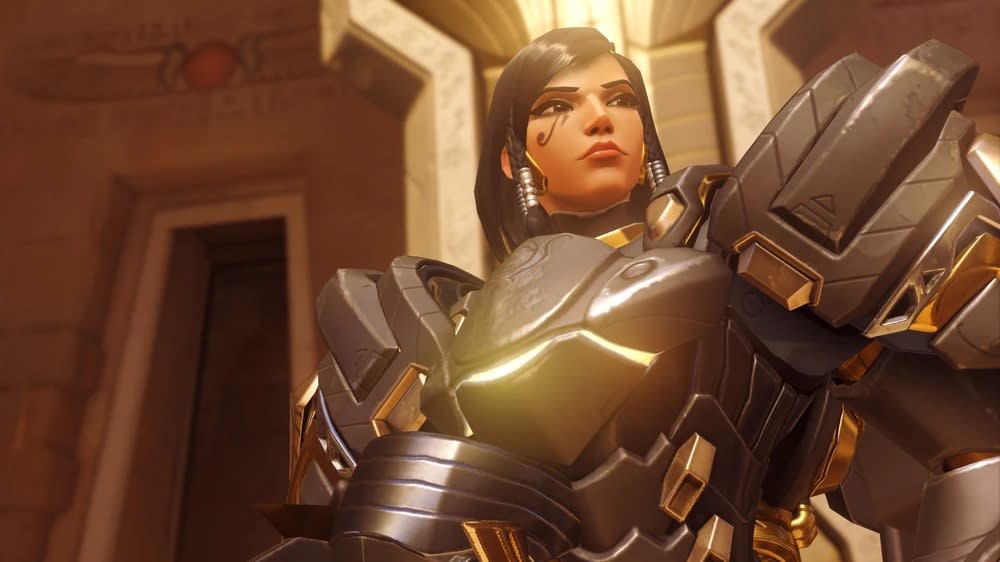  Pharah stands in full armour in Overwatch. 