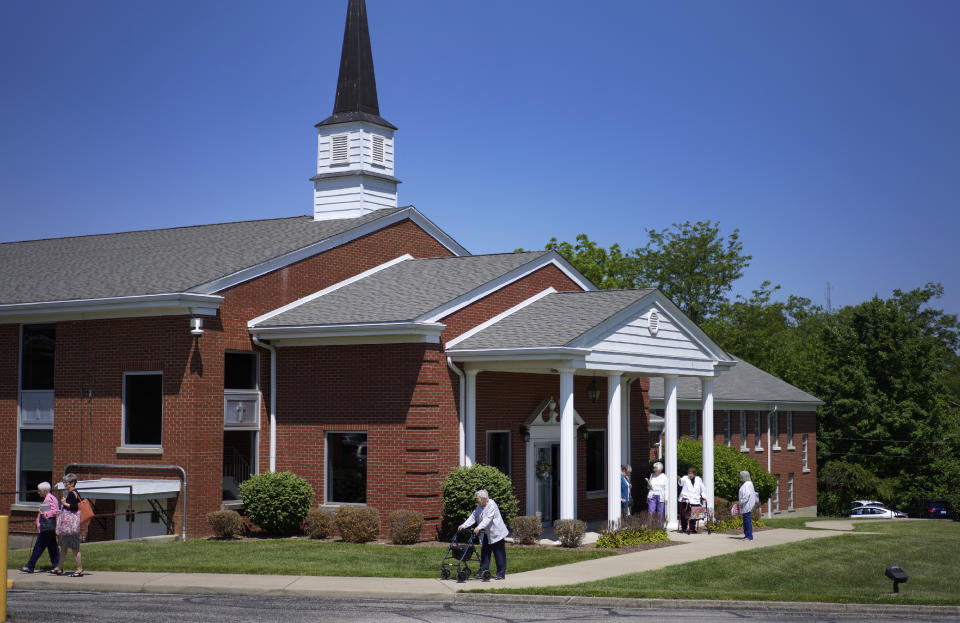 Members leave Fern Creek Baptist Church after a service, Sunday, May 21, 2023, in Louisville, Ky. In February, Fern Creek was one of five churches disfellowshipped from the Southern Baptist Convention because they have female pastors. But Fern Creek and Saddleback Church of California have decided to appeal. The challenge will be voted on at the upcoming SBC annual meeting. (AP Photo/Jessie Wardarski)