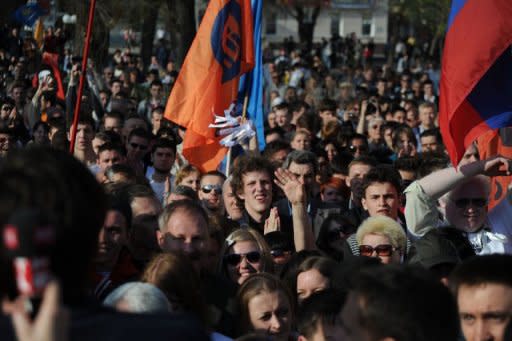 Supporters of former mayoral candidate for the Just Russia opposition party Oleg Shein rally in the southern Russian city of Astrakhan