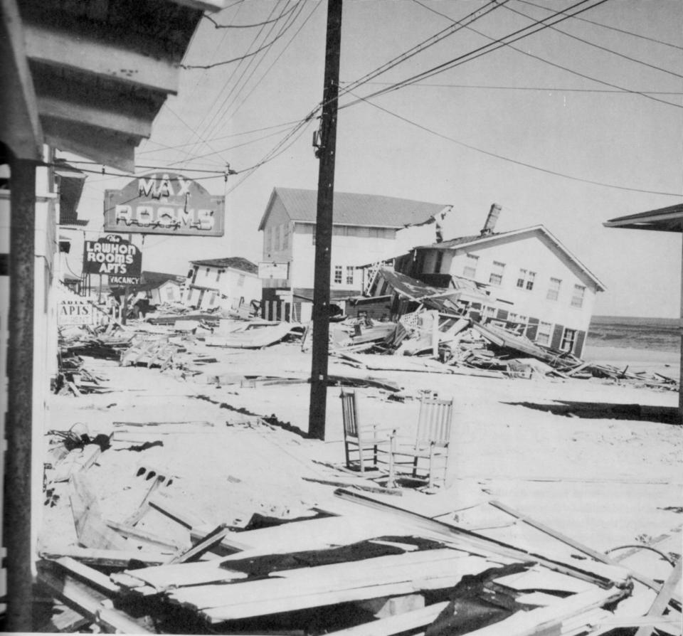 Carolina Beach, Oct. 15, 1954: Hotels, rooming houses and apartments were damaged, some beyond repair, by the fury of Hurricane Hazel. [Photo from 'Hurricane Hazel Lashes Coastal Carolinas: The Great Storm in Pictures'; caption by Beverly Tetterton]