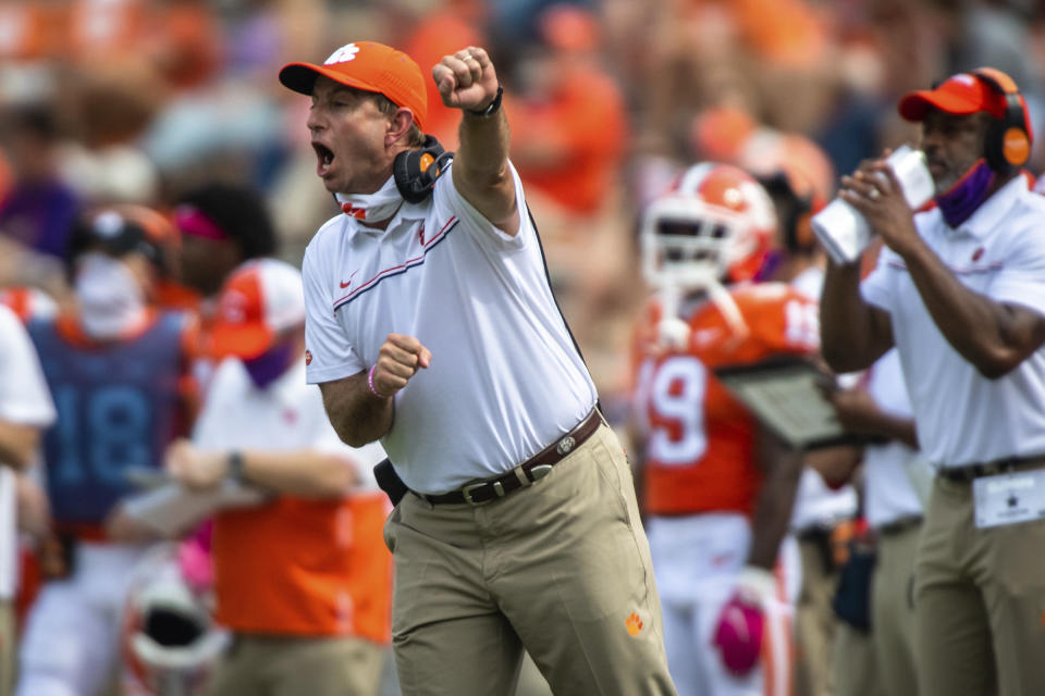 FILE - In this Oct. 24, 2020, file photo, Clemson head coach Dabo Swinney reacts on the sidelines during an NCAA college football game against Syracuse in Clemson, S.C. (Ken Ruinard/Pool Photo via AP, File)
