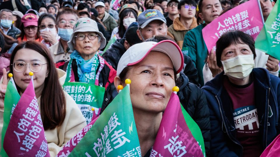 Supporters of the ruling Democratic Progressive Party (DPP) in Taipei on January 13, 2024 - Yasuyosh Chiba/AFP/Getty Images