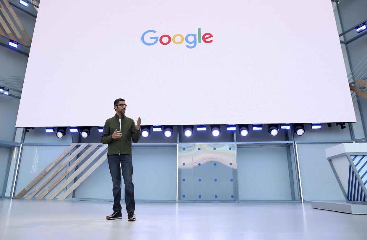 Google CEO Sundar Pichai delivers the keynote address at the Google I/O 2018 Conference at Shoreline Amphitheater on May 8, 2018 in Mountain View, California: Justin Sullivan/Getty Images