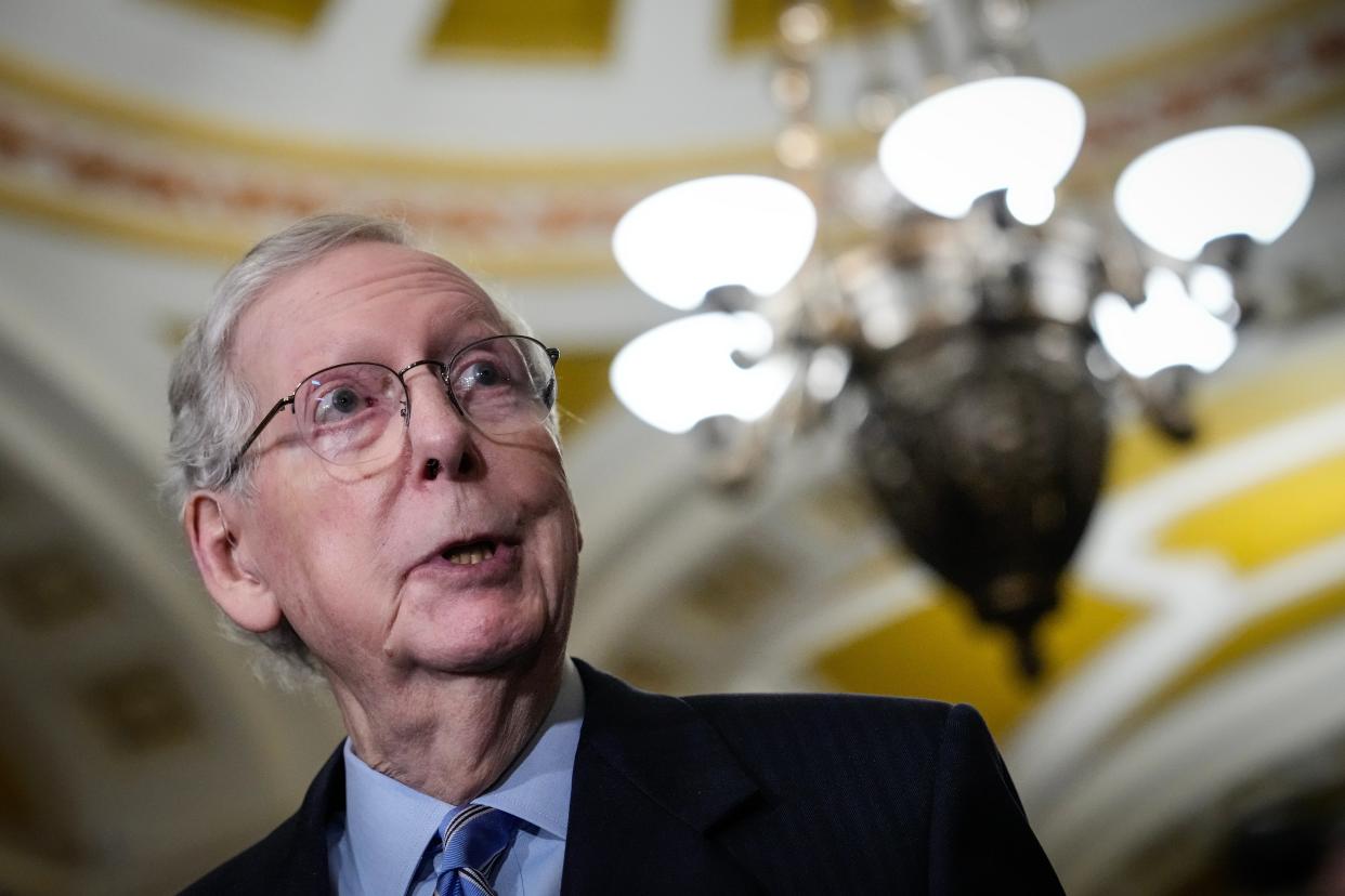 WASHINGTON, DC - OCTOBER 31: Senate Minority Leader Mitch McConnell (R-KY) speaks during a news conference following a closed-door lunch meeting with Senate Republicans at the U.S. Capitol on October 31, 2023 in Washington, DC. McConnell spoke on a range of issues, including saying that aid to Israel and Ukraine should be linked together, going against a House Republican proposal to provide millions of dollars in aid to Israel without any additional aid to Ukraine. (Photo by Drew Angerer/Getty Images)