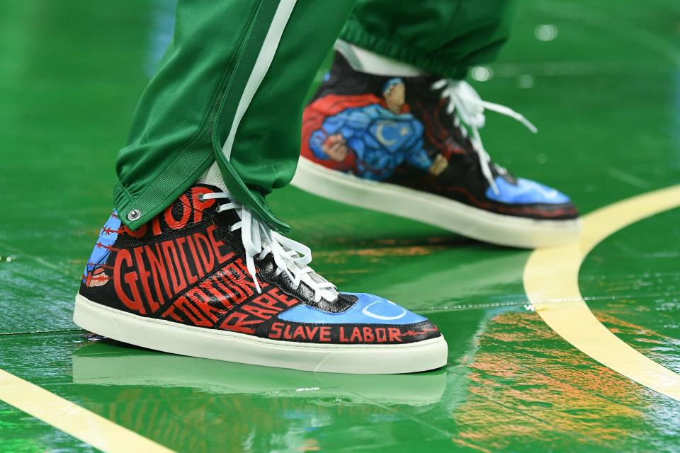 A detailed view of the shoes of Celtics center Enes Kanter Freedom before a game against the Raptors in October.