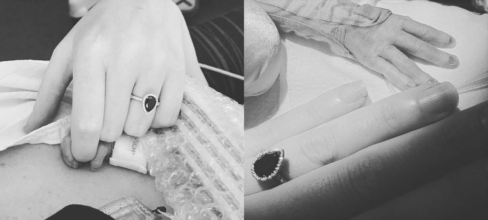 Two side by side black and white photos of MAFS’ Melissa Rawson touching her premature twin sons' hands in hospital. Photo: Instagram/lissrawson.