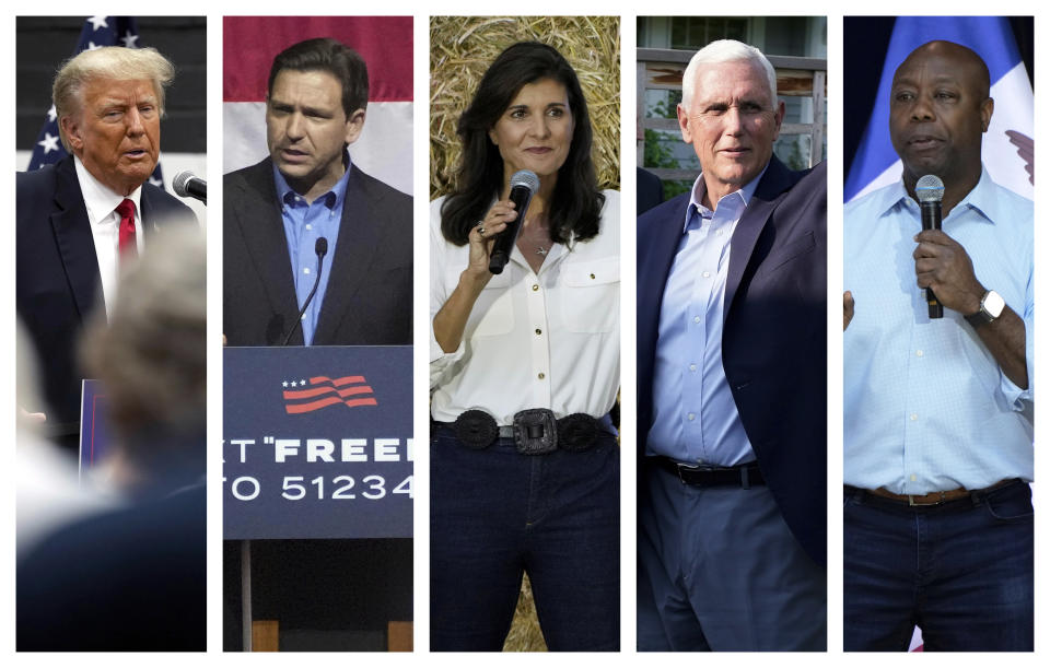 FILE - This combination of 2023 photos shows, from left, former President Donald Trump, Florida Gov. Ron DeSantis, former U.N. Ambassador Nikki Haley, former Vice President Mike Pence and South Carolina Sen. Tim Scott. (AP Photo, File)