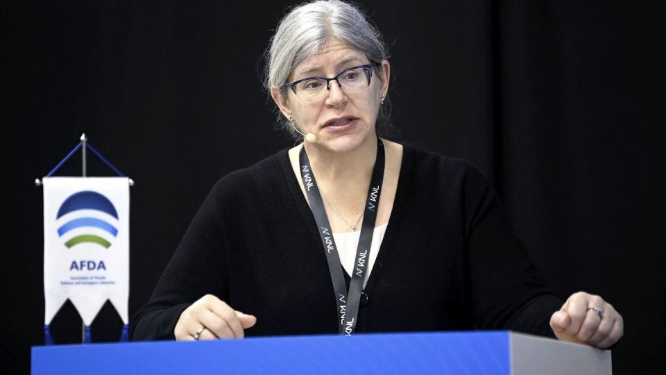 Wendy Gilmour, NATO's sssistant secretary general for defense investment, gives a keynote speech at the SecD-Day conference in Helsinki, Finland, on Feb. 8, 2023. (Markku Ulander/Lehtikuva/AFP via Getty Images)