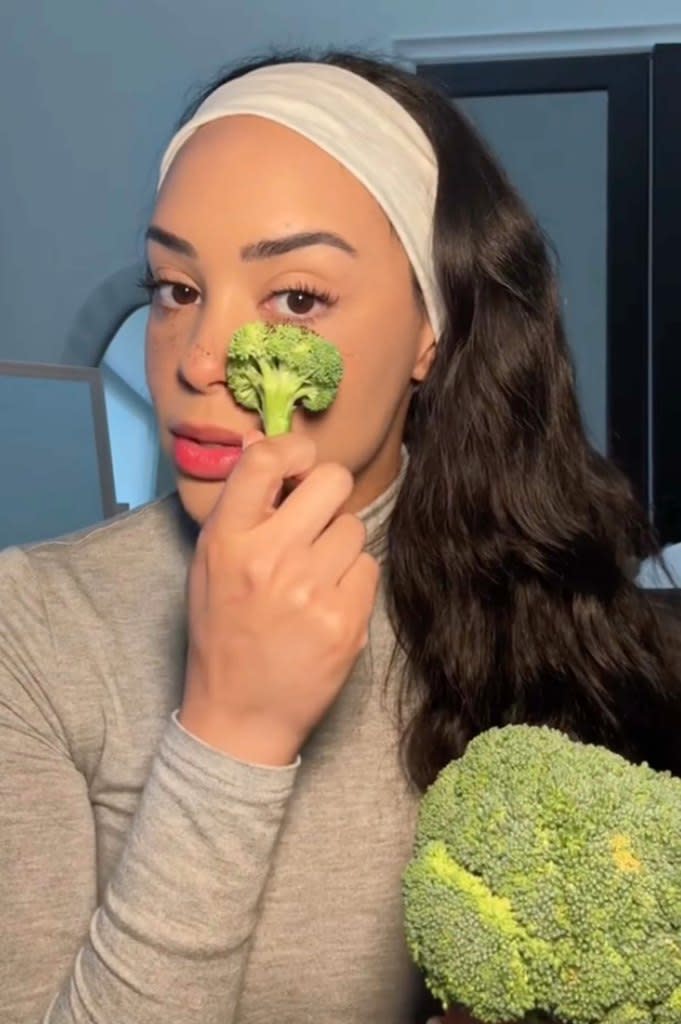 Kristy Sarah stunned her husband and followers when she applied faux freckles to her mug with broccoli. @kristy.sarah//TikTok
