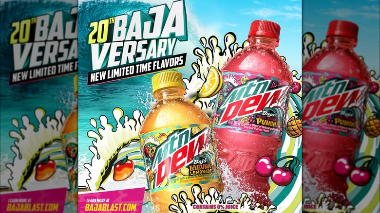 Bottles of new Mountain Dew flavors, cresting wave
