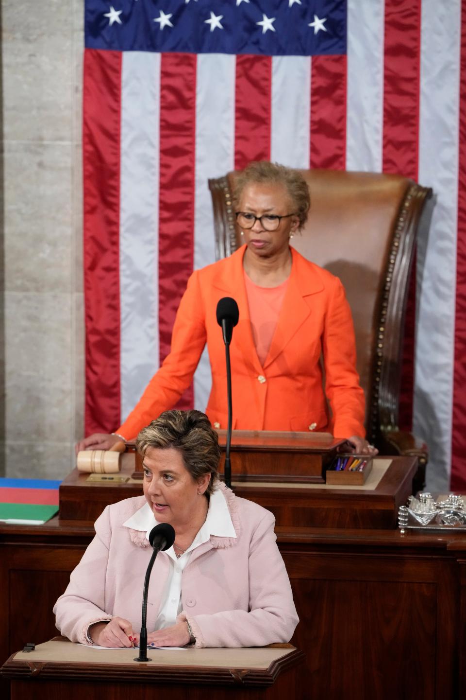 Clerk of the House of the Representatives Cheryl Johnson, top, and reading clerk Susan Cole as the House meets for the third day to elect a speaker, Thursday, Jan. 5, 2023.