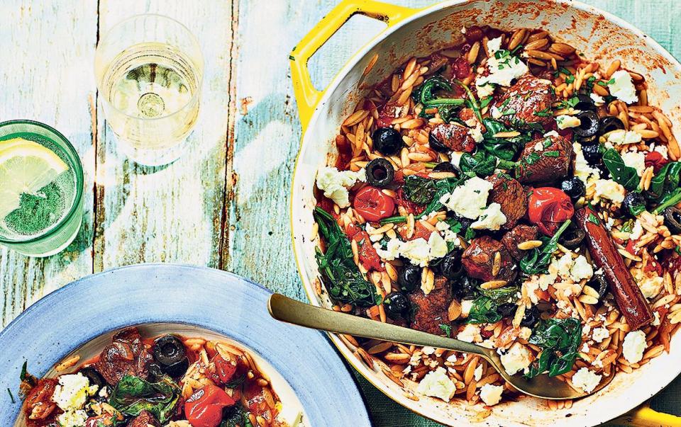One-pot lamb orzo with spinach, black olives and feta - Dan Jones