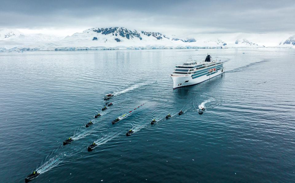 Viking Octantis with zodiacs, kayaks and Special Ops fleet in Antarctica.