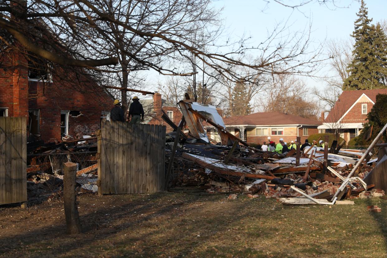 Debris is all that is left of a house that exploded on the 18900 block of Barlow Street in Detroit where 3 children from a neighboring home were transported to the hospital. DTE and emergency workers were on site.