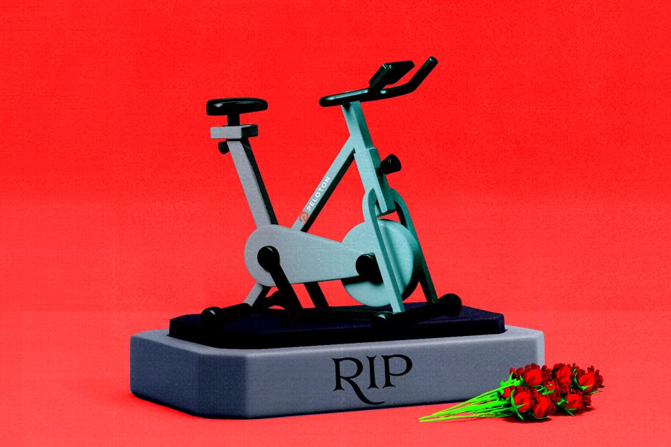 Photo illustration of a tombstone with a Peloton bike.