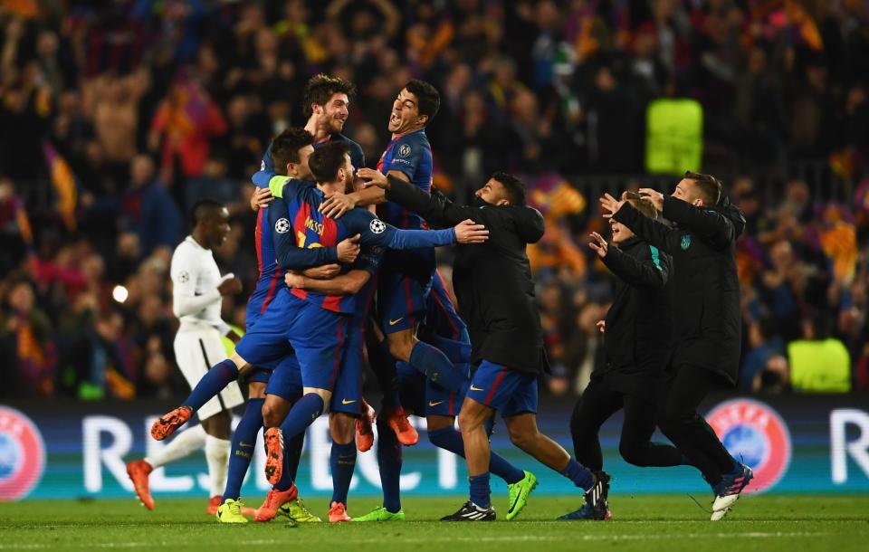 <p>Barcelona players celebrate victory after the UEFA Champions League Round of 16 second leg match between FC Barcelona and Paris Saint-Germain at Camp Nou on March 8, 2017 in Barcelona, Spain. Barcelona won by 6 goals to one to win 6-5 on aggregate. (Photo by Laurence Griffiths/Getty Images) </p>