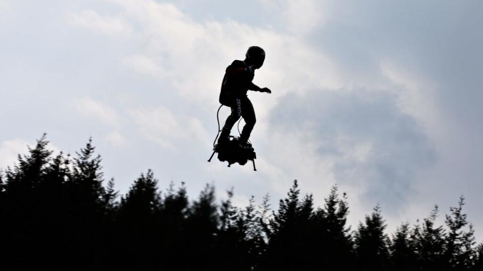 A man with a jetpack is shown, offering a glimpse at what people reported seeing in the air near Los Angeles International Airport on Wednesday. (Photo by Charles Coates/Getty Images)