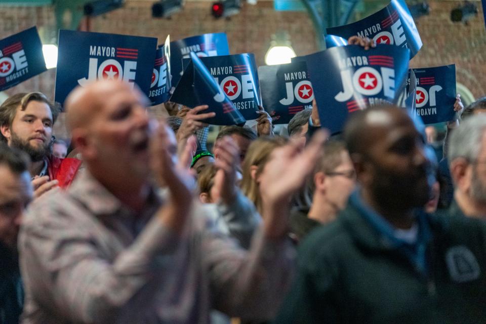 Supporters, onlookers and media at City Market on Tuesday, Nov. 15, 2022, during the announcement by incumbent mayor Joe Hogsett that he is seeking another term.  