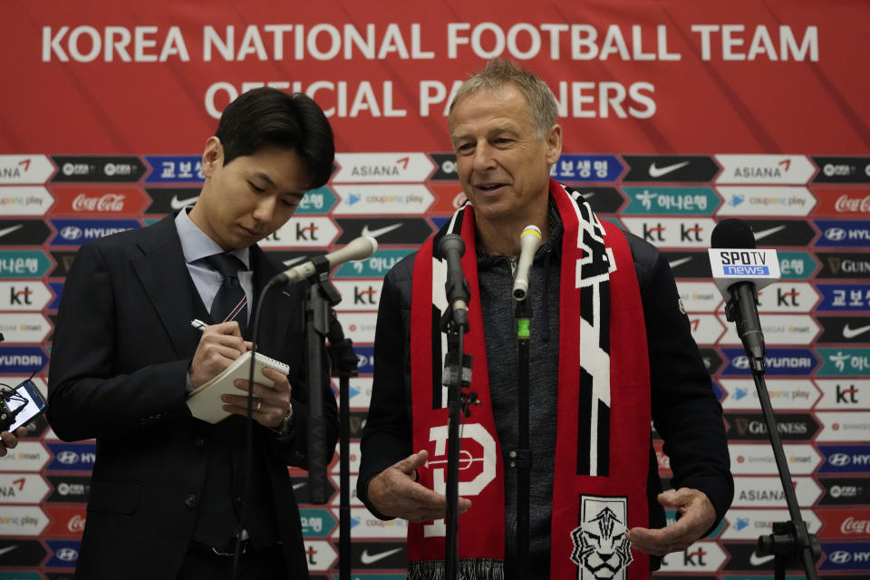 South Korea's new national soccer team head coach Jurgen Klinsmann, right, speaks during a press conference at the Incheon International Airport in Incheron, South Korea, Wednesday, March 8, 2023. Klinsmann, who won the World Cup as a player with West Germany in 1990, replaces Paulo Bento. The Portuguese coach left the team after leading South Korea to the second round at last year's World Cup in Qatar. (AP Photo/Ahn Young-joon)