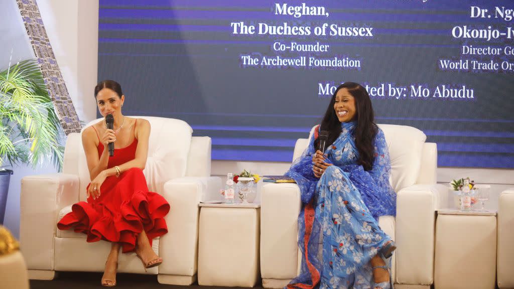 abuja, nigeria may 11 editorial use only meghan, duchess of sussex speaks at a women in leadership event co hosted with ngozi okonjo iweala on may 11, 2024 in abuja, nigeria photo by andrew esiebogetty images for the archewell foundation