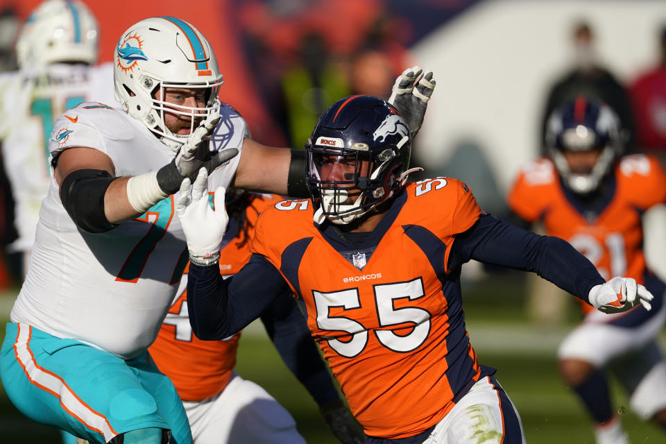 Denver Broncos outside linebacker Bradley Chubb (55) as Miami Dolphins offensive tackle Jesse Davis defends during the first half of an NFL football game, Sunday, Nov. 22, 2020, in Denver. (AP Photo/Jack Dempsey)