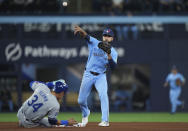 Toronto Blue Jays second baseman Isiah Kiner-Falefa (7) forces out Kansas City Royals' Freddy Fermin (34) at second base and throws to first to complete the double play during the fifth inning of a baseball game, Tuesday, April 30, 2024 in Toronto.(Nathan Denette/The Canadian Press via AP)