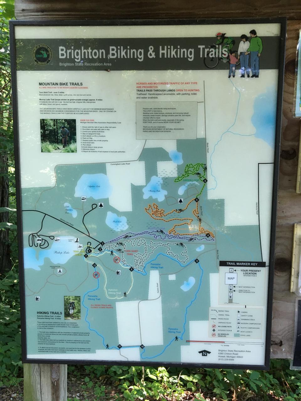 There is a map of the mountain bike and hiking trails at the trailhead of Brighton Recreation Area.