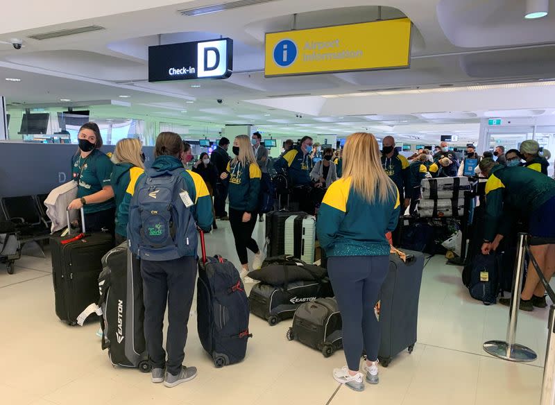 Members of Australia’s Olympic softball squad at Sydney Airport on May 31, 2021 before their departure for a pre-Games training camp in Ota, Gunma Prefecture