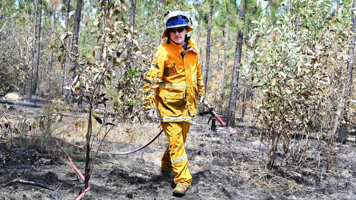 BRISBANE, AUSTRALIA - NewsWIRE Photos OCTOBER 30, 2023: Firefighters extinguish spot fires at Landsborough. Evacuation warnings have been issued as flames near the boundary of Australia Zoo. Picture: NCA NewsWIRE / John Gass