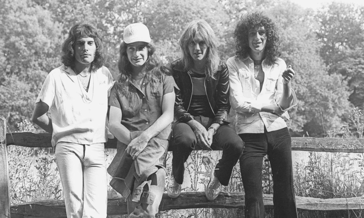 <span>Freddie Mercury, far left, with Queen bandmates John Deacon, Roger Taylor and Brian May at Rockfield studios in 1975. </span><span>Photograph: Andre Csillag/TBC</span>