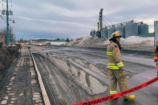 PHOTO: First responders work the scene where two men died after a pickup truck plowed into pedestrians who were walking beside a road in Amqui, Quebec, March 13, 2023. (CTV News via AP)