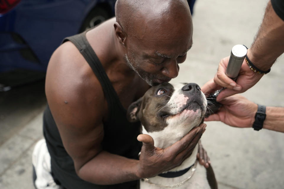 El veterinario Kwane Stewart, cuyas manos aparecen a la derecha, observa los oídos del perro de un hombre apodado Big Mike (izquerda) en la zona Skid Row de Los Ángeles, el 7 de junio de 2023. Stewart, de 52 años, es un amante de los animales de toda la vida que creció en Texas y Nuevo México tratando de ayudar y cuidar a perros callejeros. (AP Foto/Damian Dovarganes)