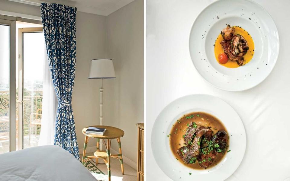 From left: One of the Phoenicia hotel's 136 guest rooms; Rubino, a 112-year-old restaurant in Valletta, serves classic dishes such as Maltese rabbit and octopus salad with carrot purée.