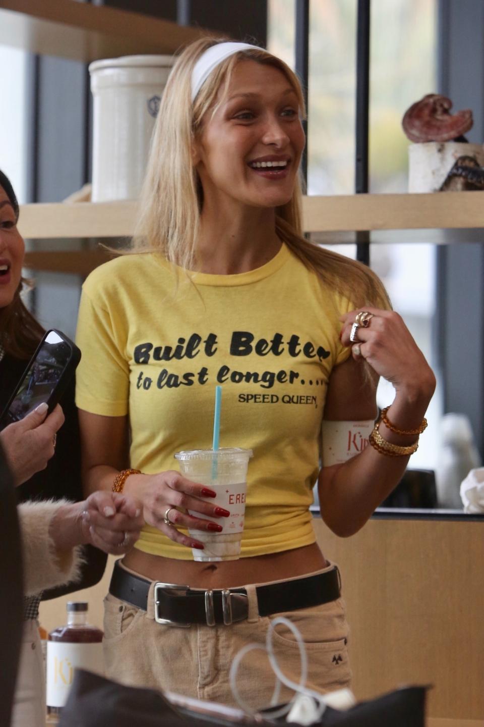 Bella Hadid in January 2023, hosting a press event for her “Kinsicle” smoothie at the Santa Monica Erewhon.