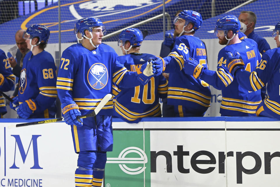 Buffalo Sabres forward Tage Thompson (72) celebrates his goal during the second period of an NHL hockey game against the Pittsburgh Penguins, Saturday, April 17, 2021, in Buffalo, N.Y. (AP Photo/Jeffrey T. Barnes)