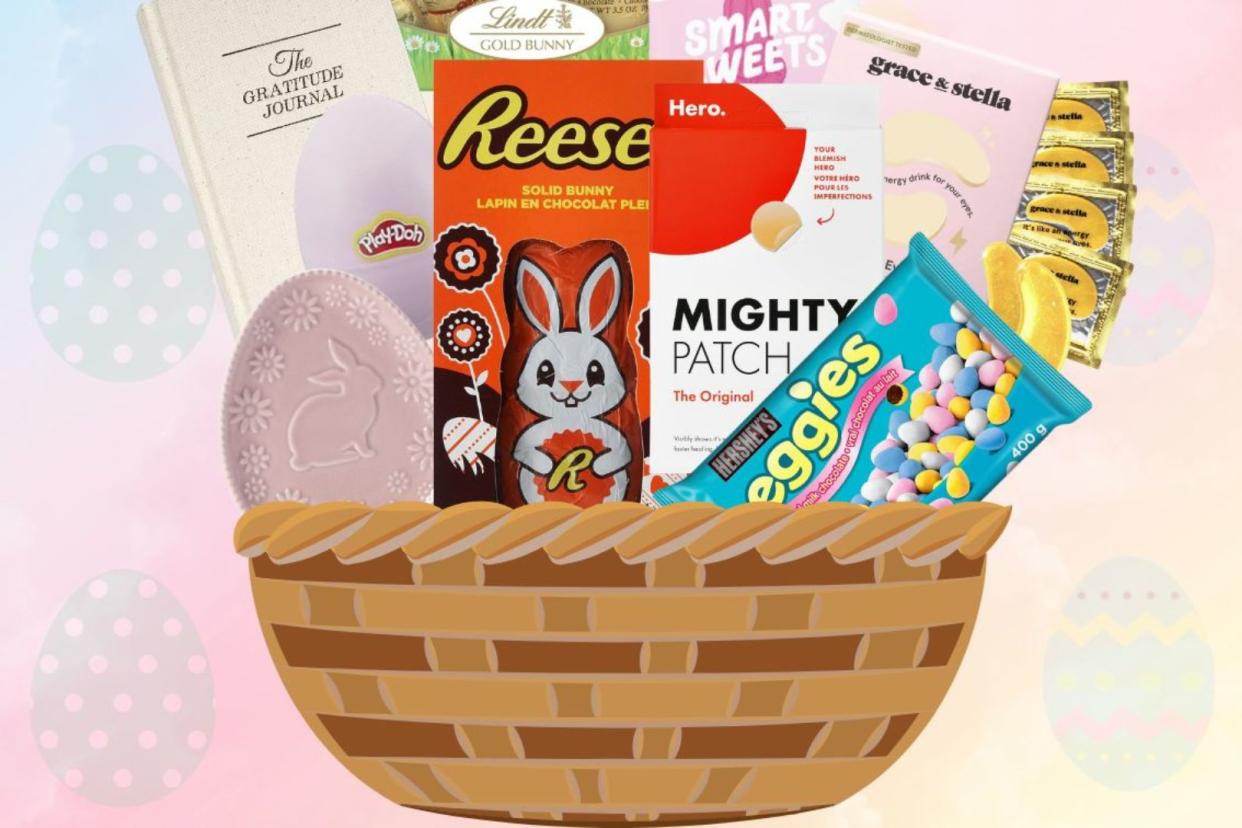 an easter basket filled with chocolate and other things