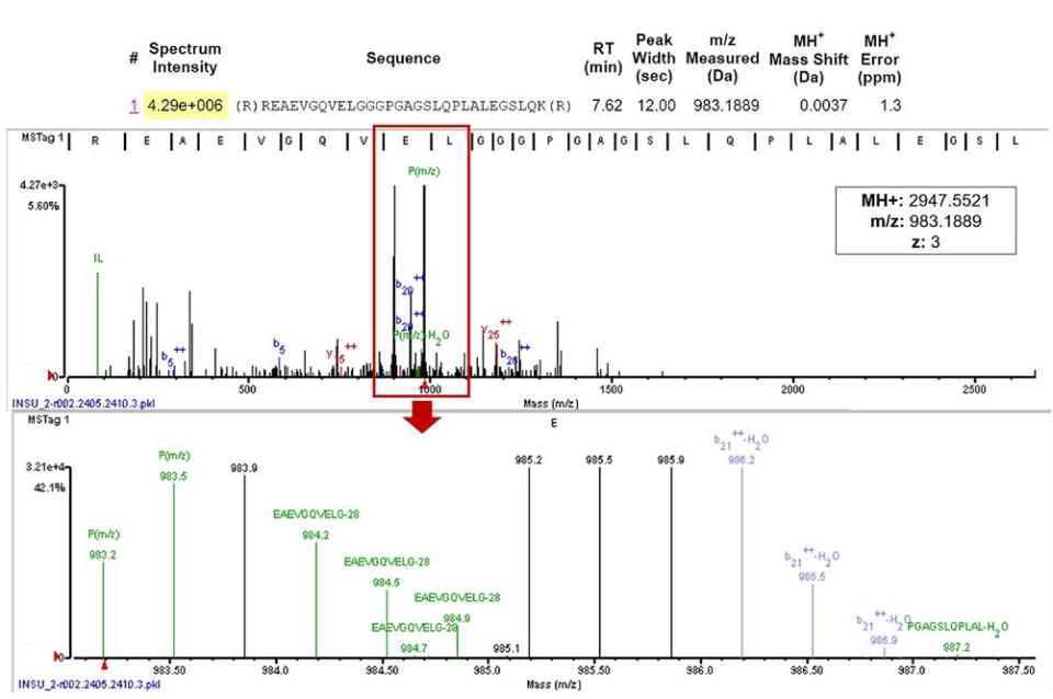 Identification of insulin peptide by mass spectrometry analysis in milk of transgenic cows.  Wheeler M., Monzani, Paulo S., et al.  Biotechnology Journal (2024)