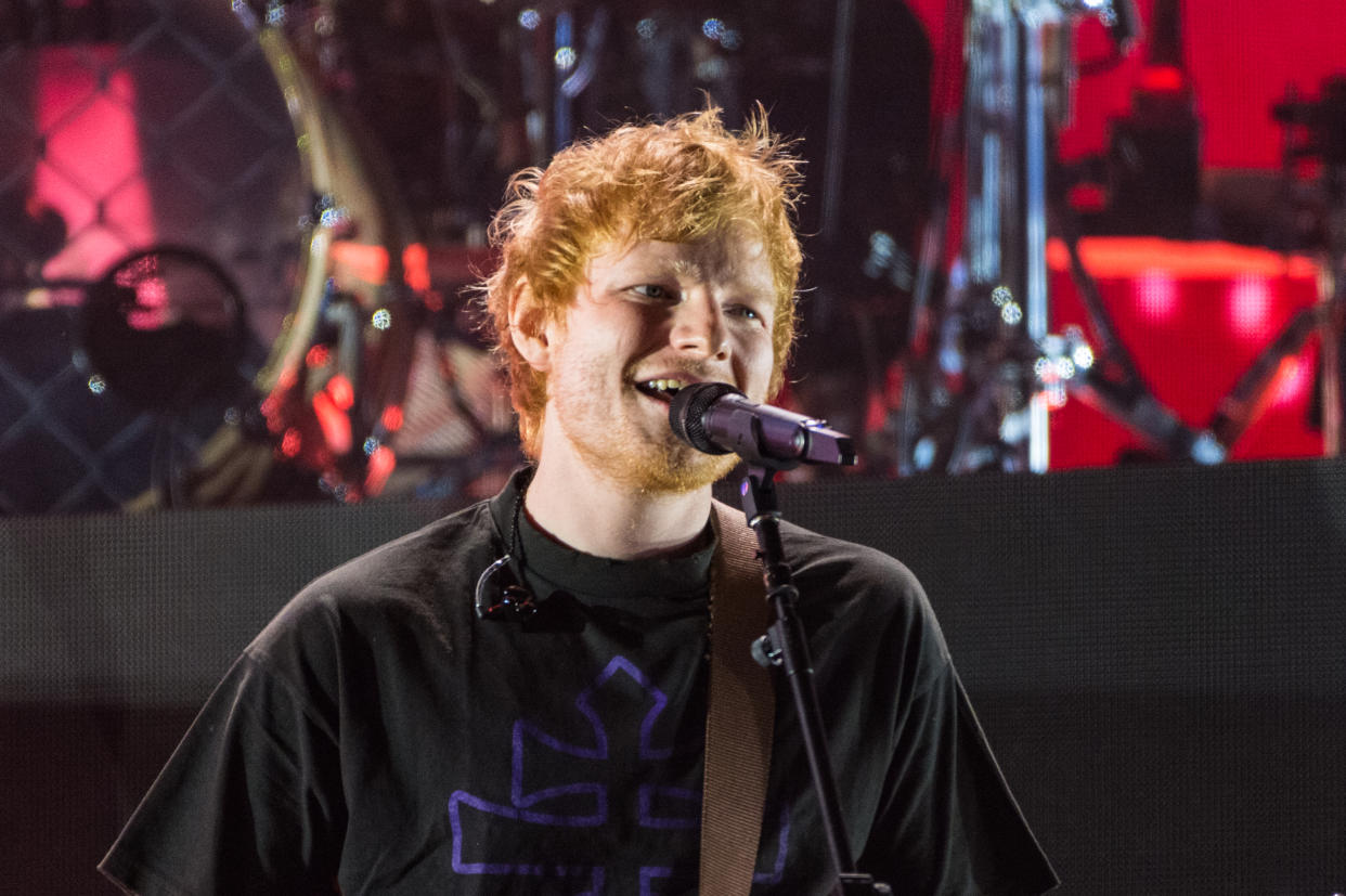 Ed Sheeran performs on the main stage as a special guest of Bring Me The Horizon at Reading Festival 