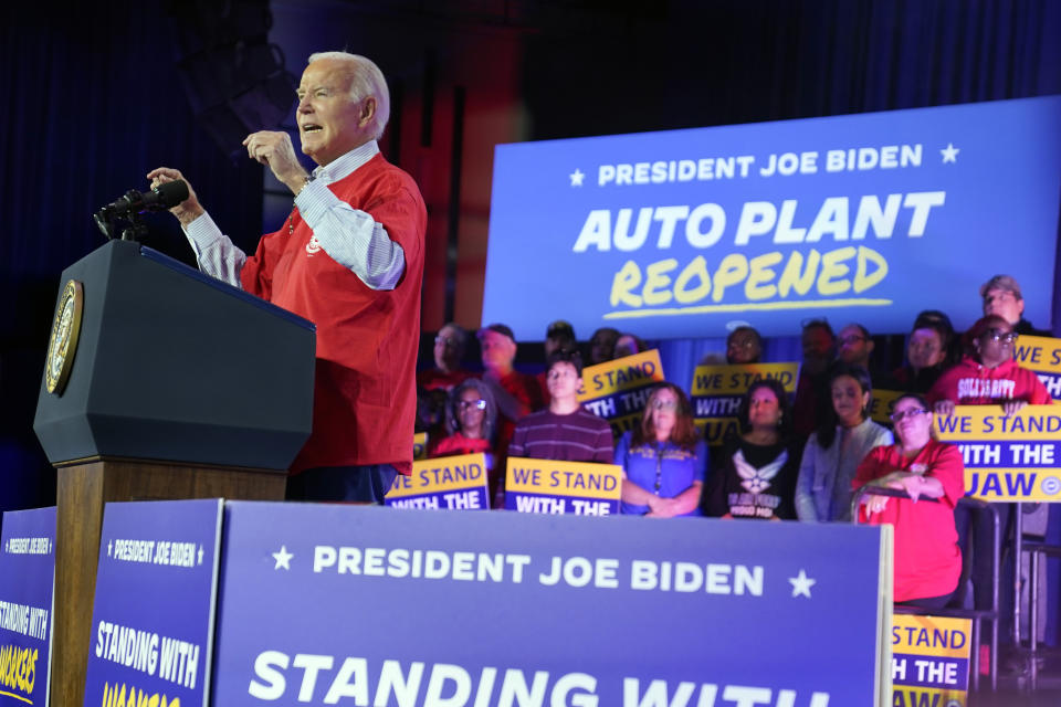 President Joe Biden speaks to United Auto Workers at the Community Building Complex of Boone County, Thursday, Nov. 9, 2023, in Belvidere, Ill. (AP Photo/Evan Vucci)