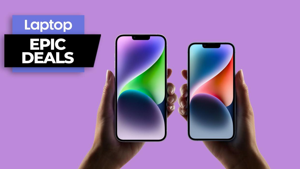  Apple iphone 14 and iPhone 14 plus in hands against a purple background 