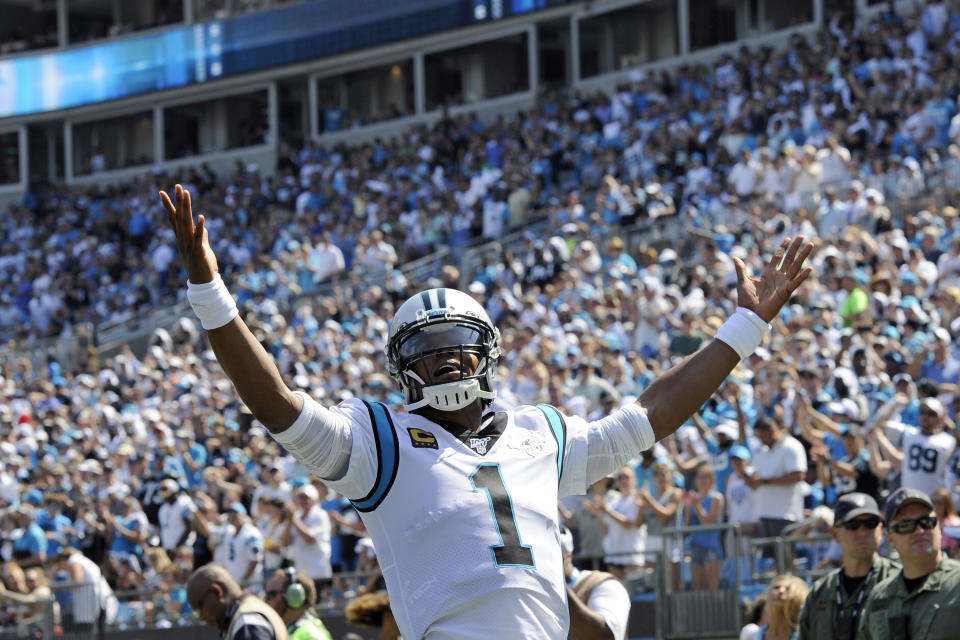 Carolina Panthers quarterback Cam Newton (1) has been given permission to seek a trade. (AP Photo/Mike McCarn)