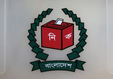 The logo of the Bangladesh Election Commission is seen on a ballot box during the general election in Dhaka, Bangladesh, December 30, 2018. REUTERS/Mohammad Ponir Hossain