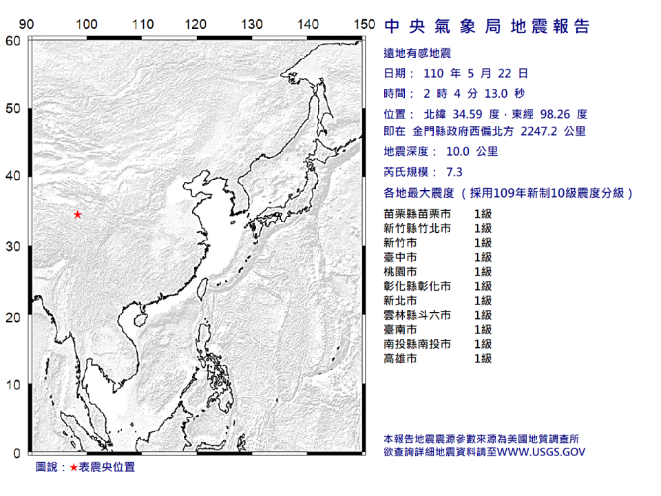 中央氣象局發布遠地有感地震報告。圖／取自氣象局網站