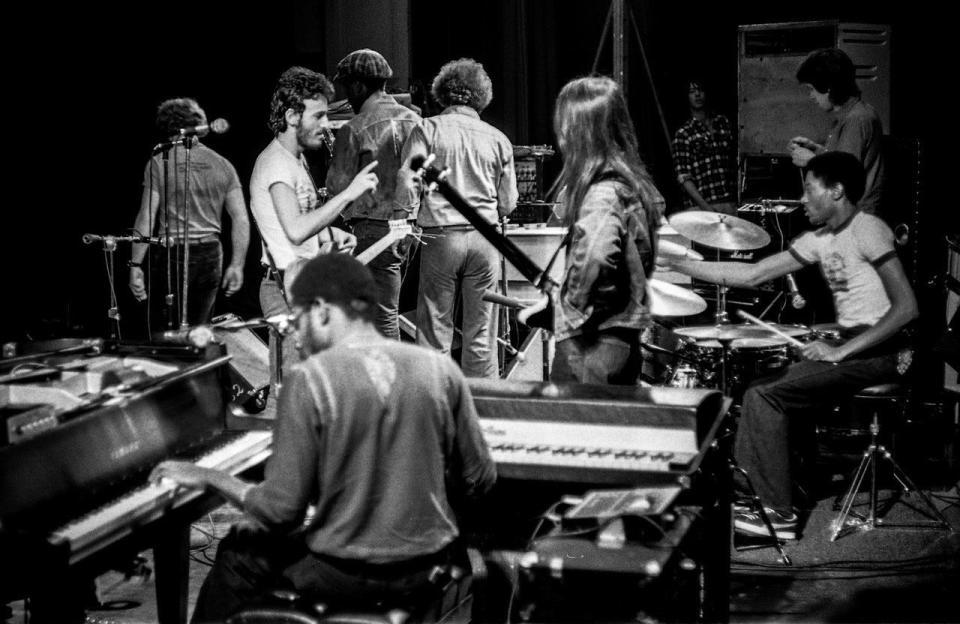 Bruce Springsteen and the E Street Band,  May 9, 1974 at the Harvard Square Theatre in Cambridge, Mass. Left to right in foregronud, Bruce Springsteen, David Sancious, Garry Tallent, Ernest "Boom" Carter.