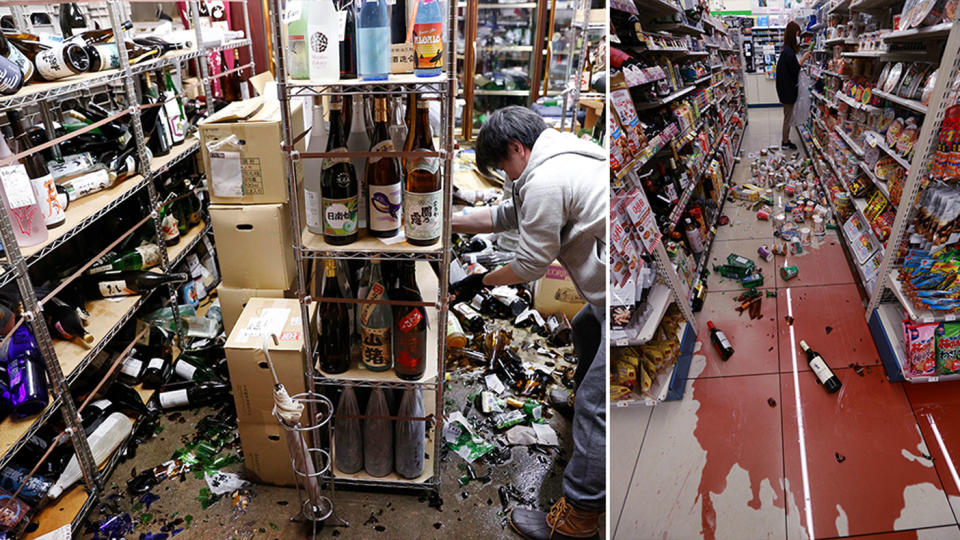 Broken glass bottle strewn across the floor at a store in Japan following a strong 'aftershock'.